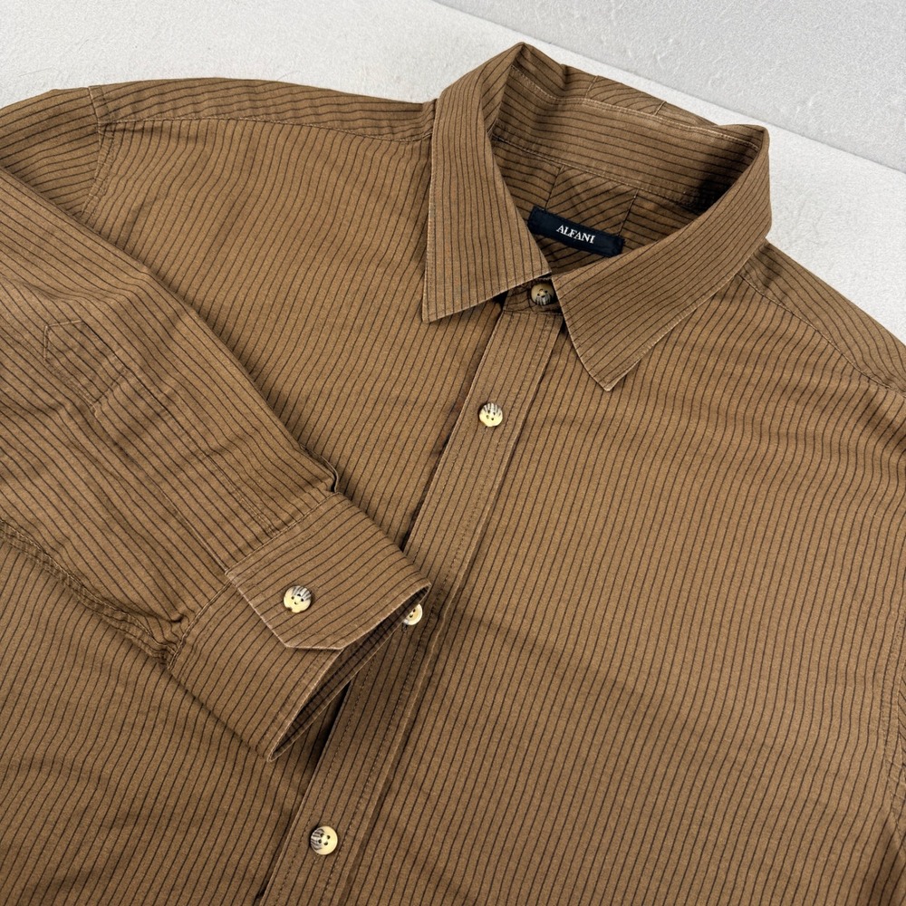Alfani Mens Large Brown Striped Paisley Peacock Print Button Down Shirt L Cotton